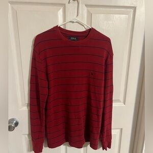 Polo Ralph Lauren Red Blue Striped Thermal Crew Neck Waffle Knit Long Sleeve